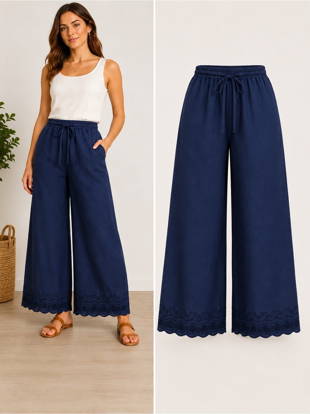 Roller Rabbit x Target | Navy Linen Blend Scalloped Hem Wide Leg Pants | Large